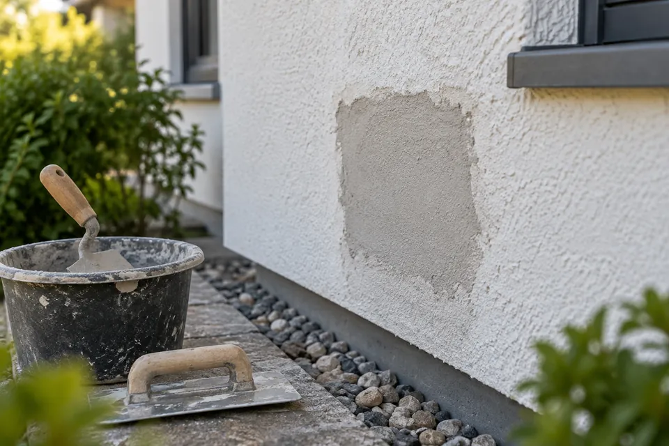 Illustrative kleine Ausbesserung an einer Hauswand mit Werkzeug