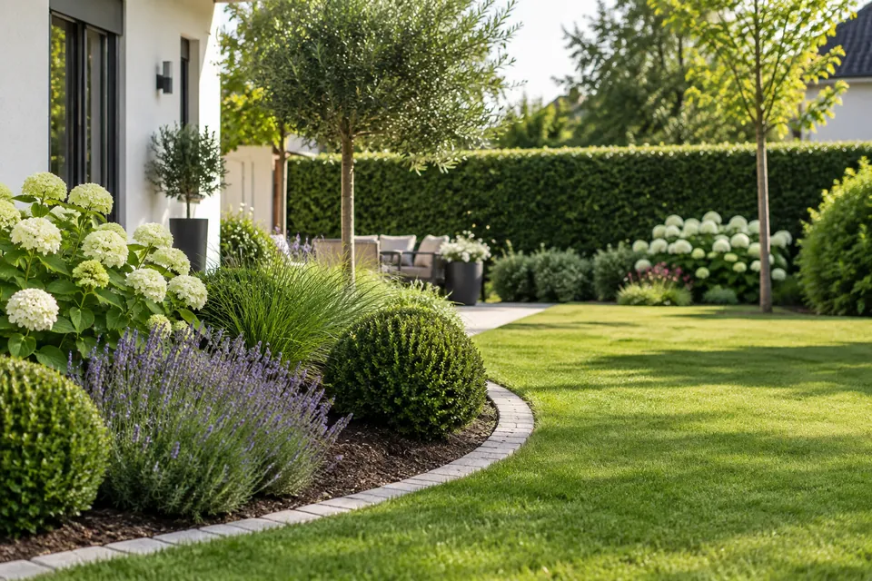 Illustrativer gepflegter Garten mit Hecke und Rasen