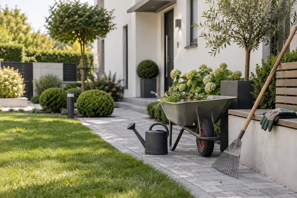 Illustrative gepflegte Immobilie mit Garten und Werkzeug