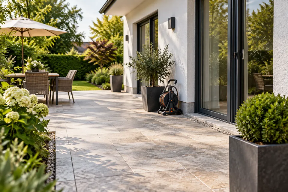 Illustrative saubere Terrasse neben einer Hausfassade