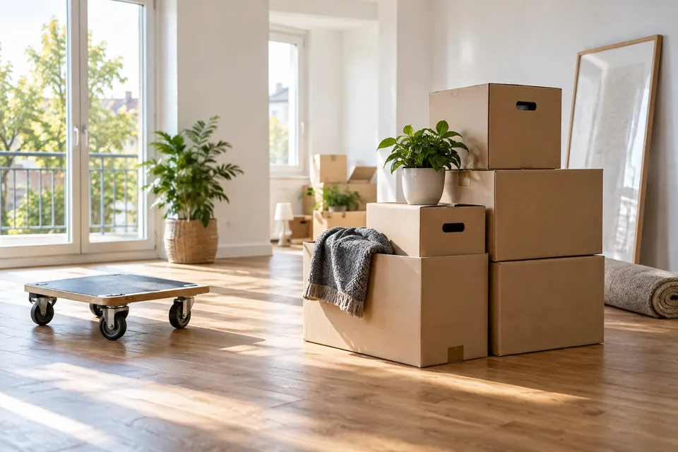 Illustrative Umzugskartons in einer hellen Wohnung