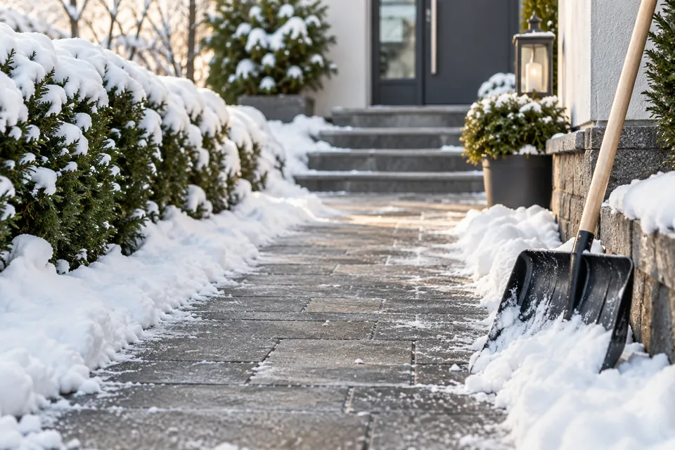 Illustrativer geräumter Weg an einem winterlichen Wohnhaus